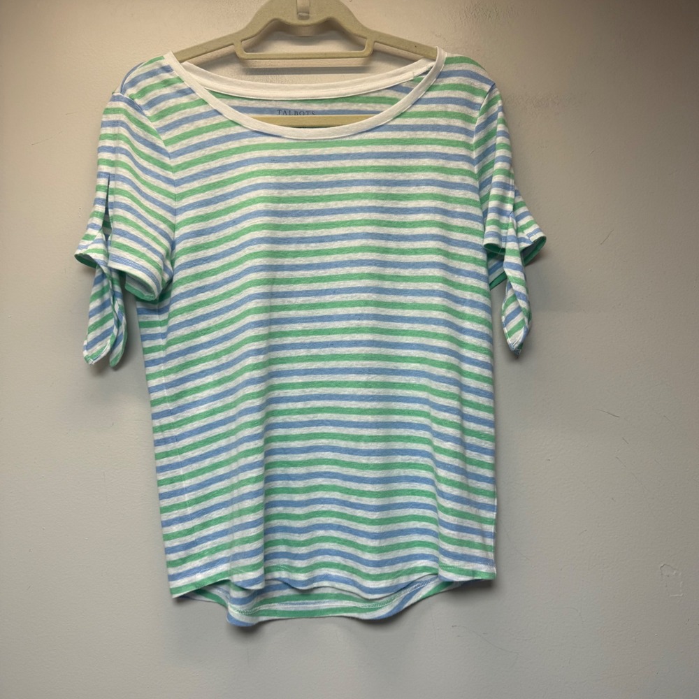 Talbots Striped T-Shirt Womens Medium Blue Green Excellent Linen Blend Tie